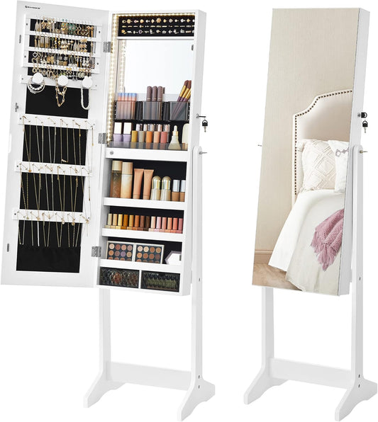 SONGMICS Mirror Jewelry Cabinet Standing Armoire Organizer, Jewelry Storage with Full-Length Frameless LED Lights, Built-in Makeup Mirror, 2 Drawers, Lockable, White UJJC023W01