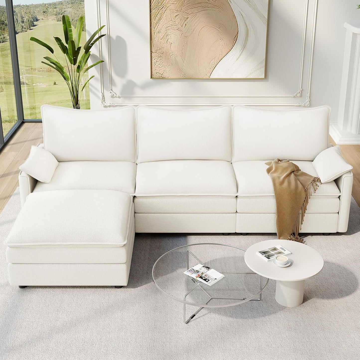 Vesgantti 108" Modular Sectional Sofa, Comfy Cloud Couch with Movable Ottoman Deep Seat Chenille L Shaped Modular Sofa, Sectional Couches for Living Room, Bedroom and Apartment, Beige