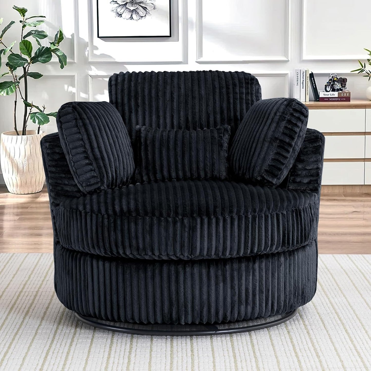 40" W Modern Grey Swivel Barrel Chair with 360° Round Metal Base & Plush Corduroy Pillows & Thick Cushion, Comfy Large Accent Chaise Longue for Living Room, Bedroom Club Reading Armchair (Gray)