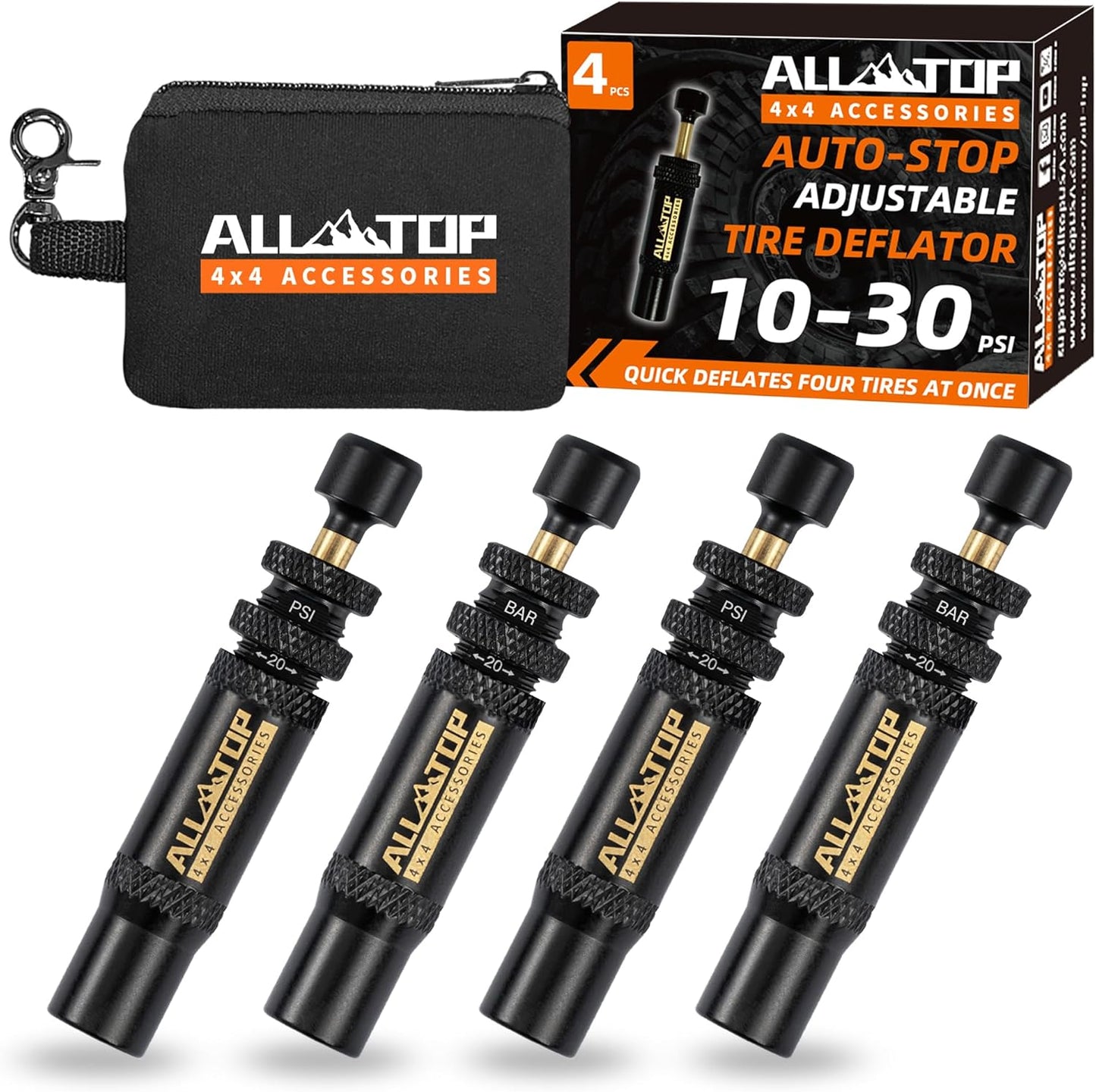 ALL-TOP Adjustable Auto-Stop Tire Deflator Valve Kit (10-30 PSI) 8 PCS Screw-on Tyre Air Down Tool for Offroad 4x4 (with 5 Valve caps)