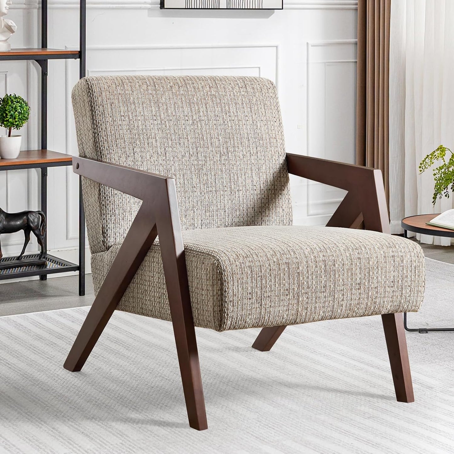 Bonzy Home Mid-Century Modern Accent Chair Set of 2 with Solid Wood Frame, Upholstered Armchair for Bedroom & Living Room,Reading Side Chair with Soft Lien Fabric Cushion,Easy Assembly,Beige