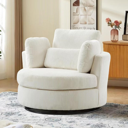 Sinzho & Wiyfun 42" Oversized Swivel Accent Chair Upholstered Striped Corduroy Large Round Barrel Chair with 4 Pillows for Living Room, Ivory