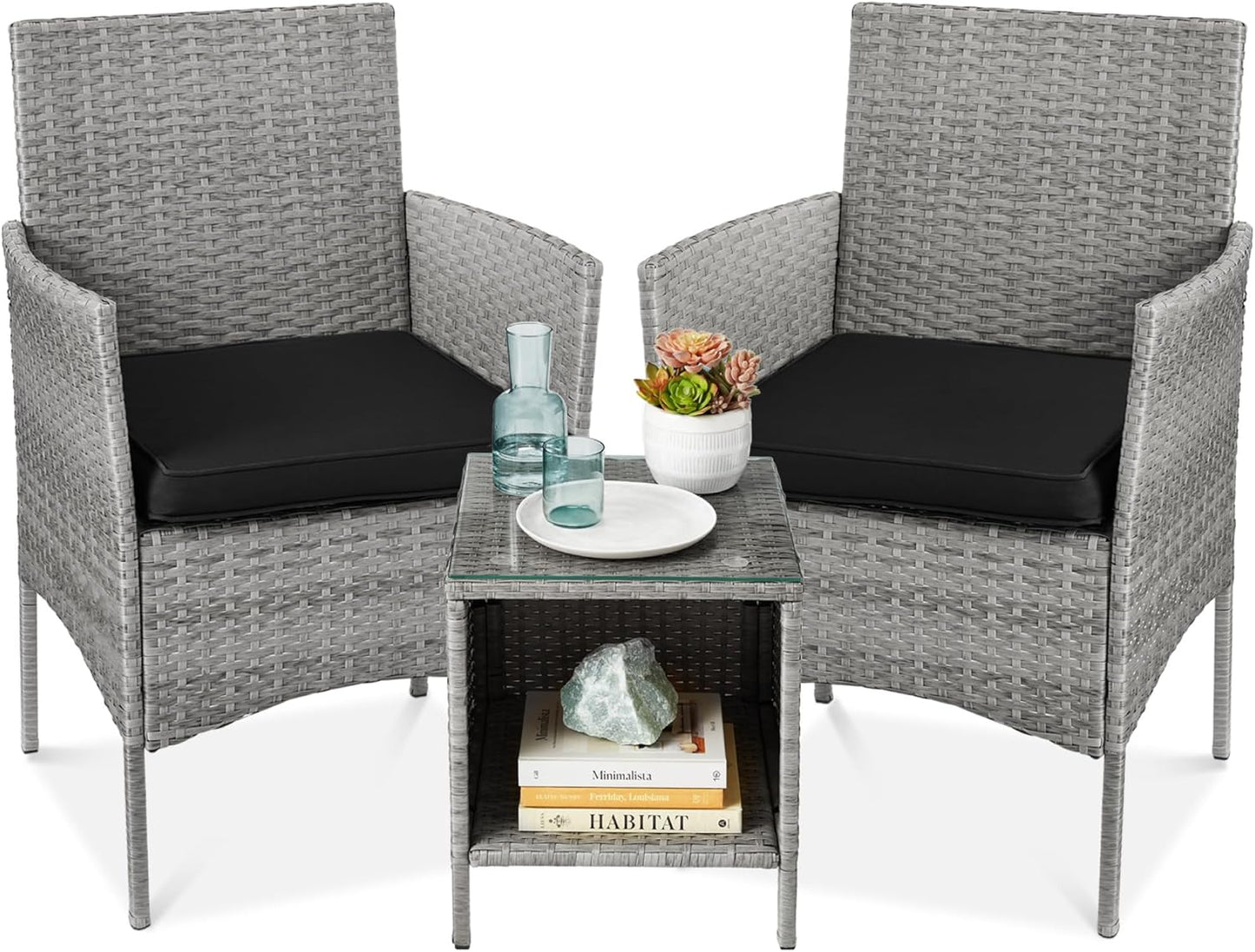 Best Choice Products 3-Piece Outdoor Wicker Conversation Bistro Set, Space Saving Patio Furniture for Garden w/Side Table - Gray/Navy