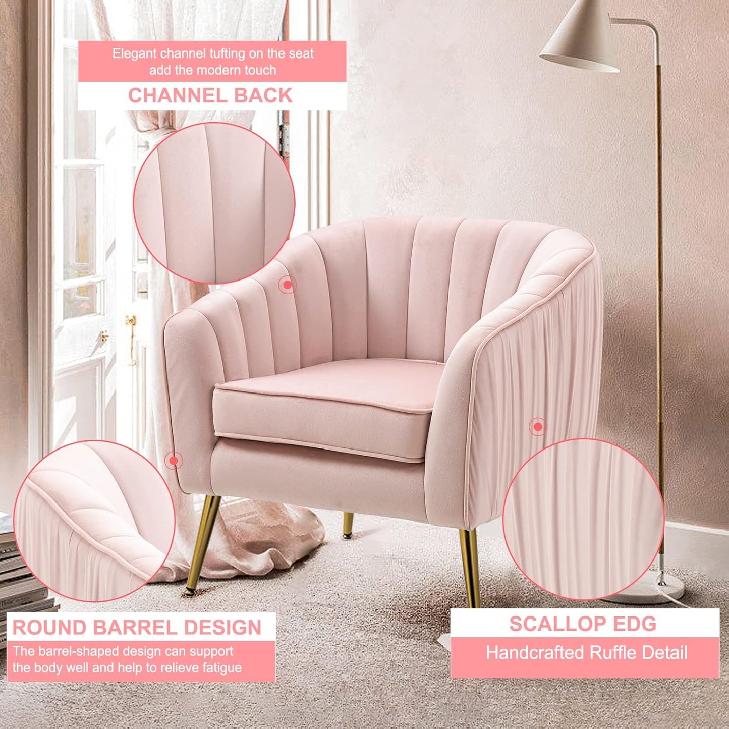 Velvet Accent Sofa Chair with Ottoman, Comfy Living Room Chairs with Adjustable Legs, Modern Upholstered Tufted Lounge Barrel Chair Ottoman Set for Bedroom, Home, Office (Pink)