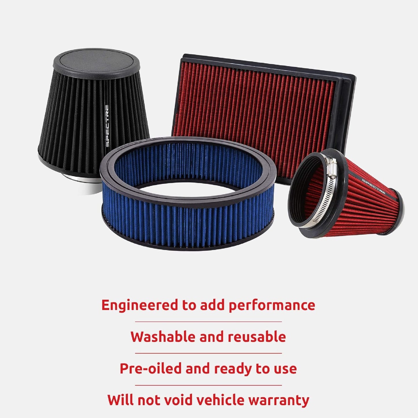 Spectre Universal Clamp-On Air Filter: High Performance, Washable Filter: Round Tapered; 3 in/3.5 in/4 in Flange ID; 8.75 in (222 mm) Height; 6 in (152 mm) Base; 4.75 in (121 mm) Top, SPE-9736, Blue