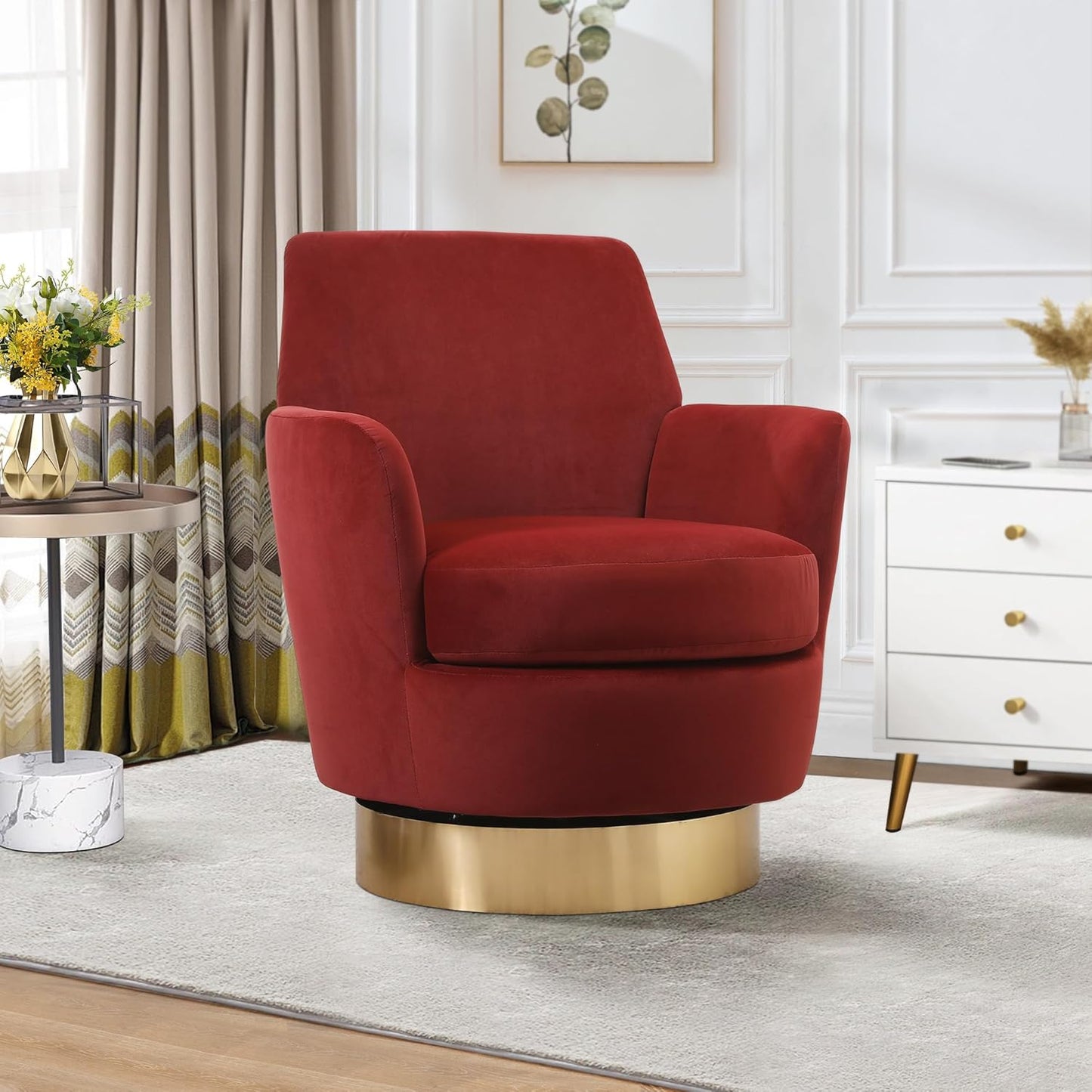 Swivel Barrel Chair Set of 2, Linen Modern Swivel Accent Chairs Armchair with Gold Stainless Steel Base, Reading Chair for Bedroom Comfy Round Barrel Chair for Living Room, Beige