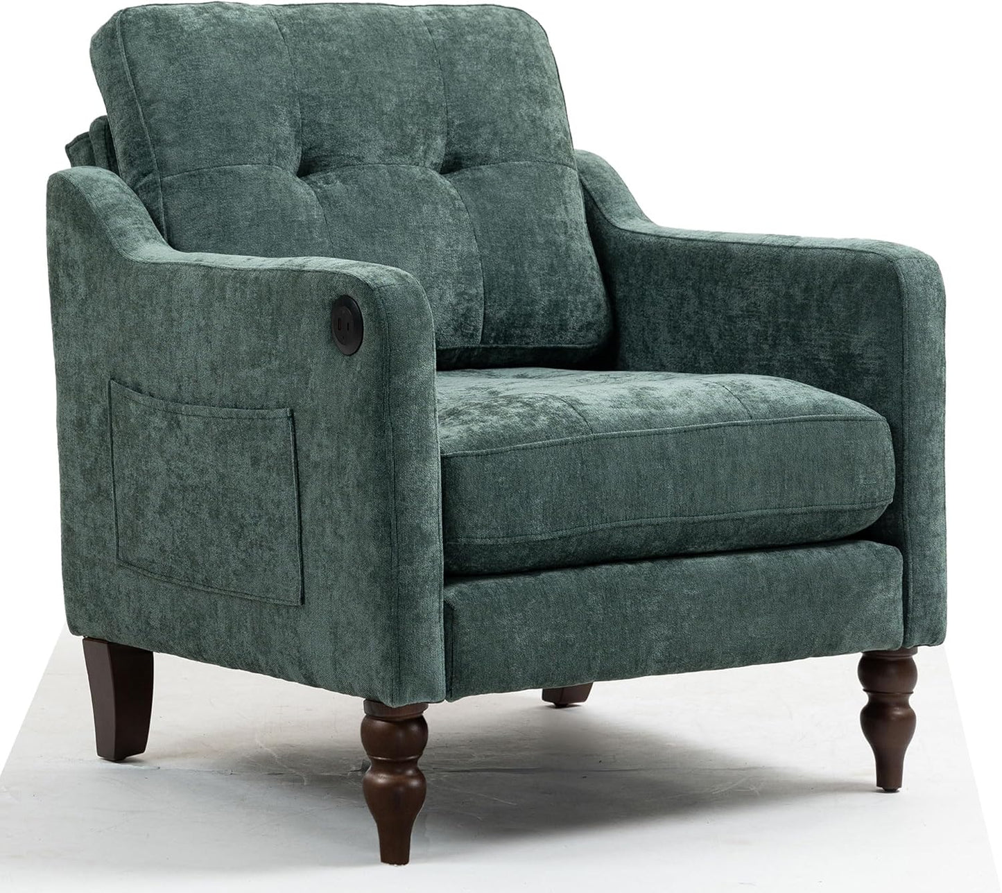 Ball & Cast Mid-Century Accent Chair for Living Room,Reading Chair for Bedroom with USB Ports&Side Pocket,Modern Accent Arm Chair W/Wide Backrest&Retro Wood Legs,Chenille Upholstered Comfy Chair,Gray