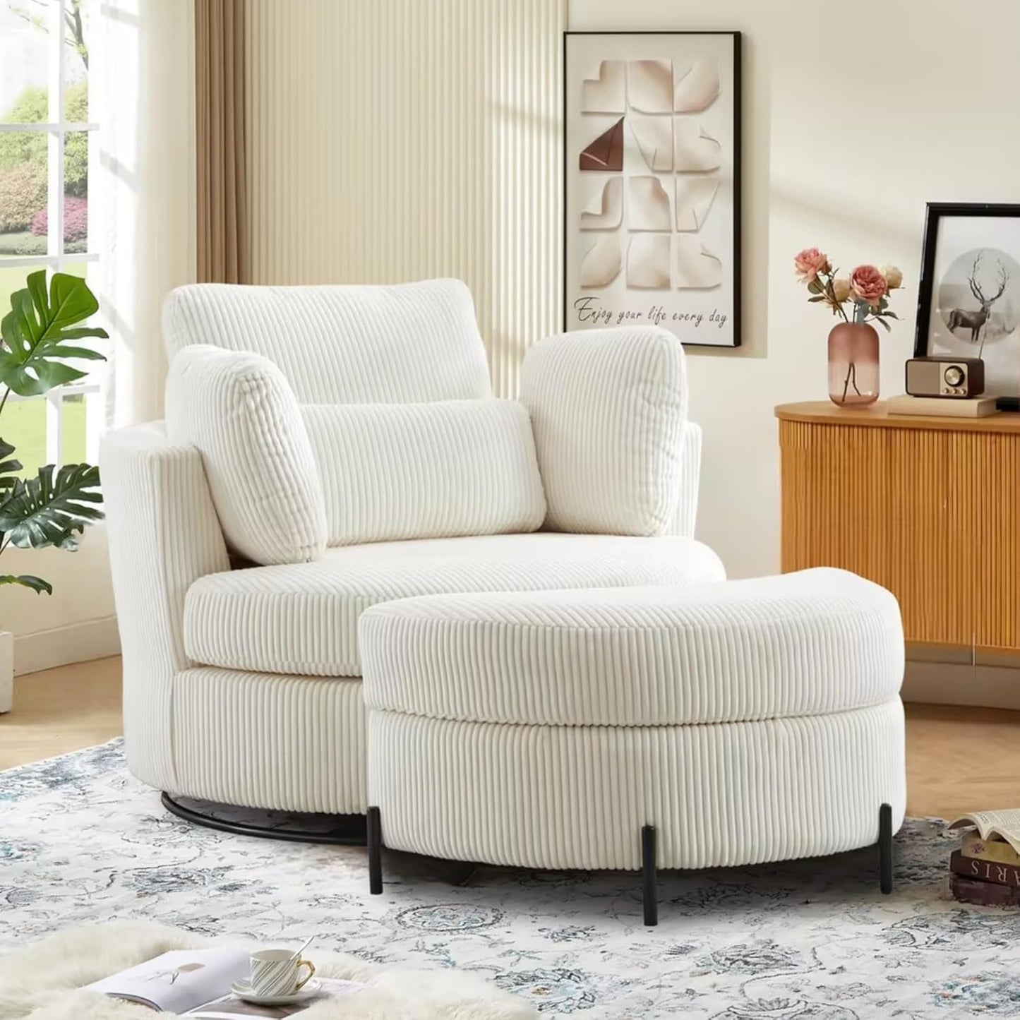 Sinzho & Wiyfun 42" Oversized Swivel Accent Chair Upholstered Striped Corduroy Large Round Barrel Chair with 4 Pillows for Living Room, Ivory