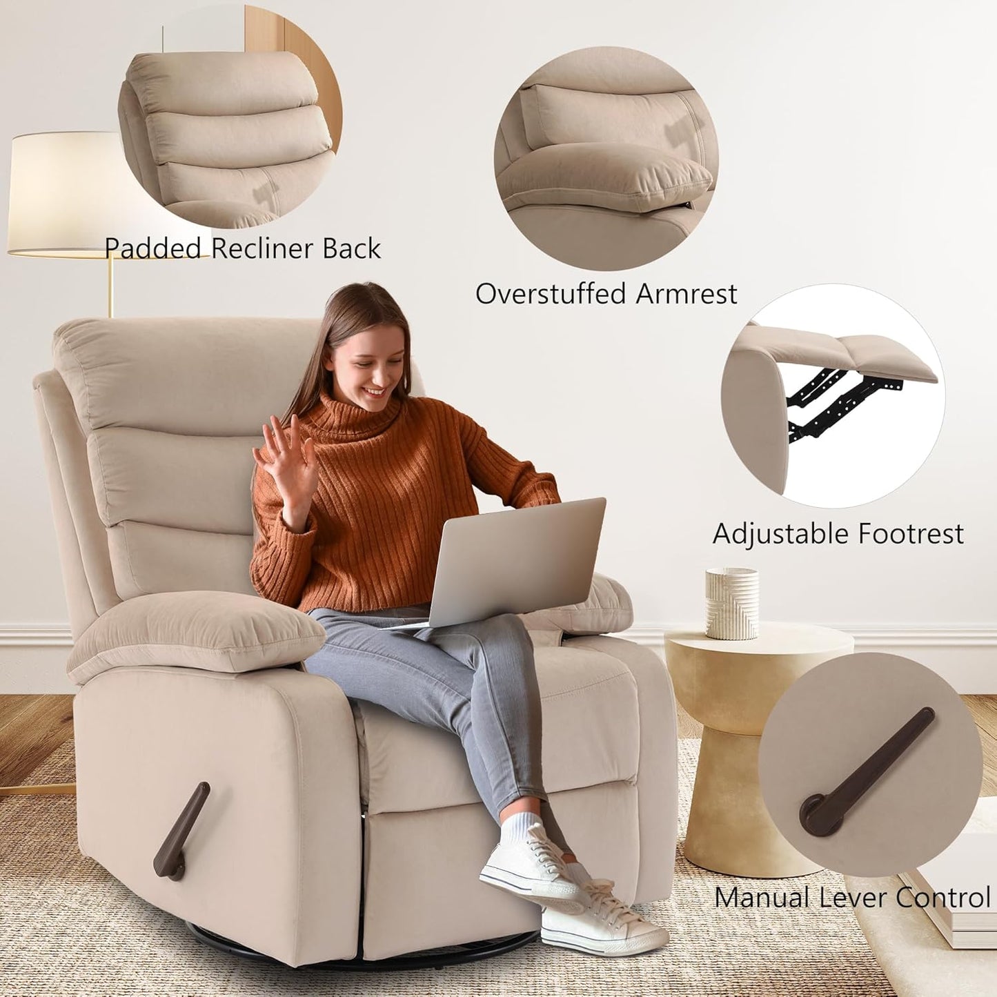 Swivel Rocker Recliner Chair for Adults, Rocking Chair Recliner for Nursery, Small Recliners for Small Spaces, Living Room, RV, Beige