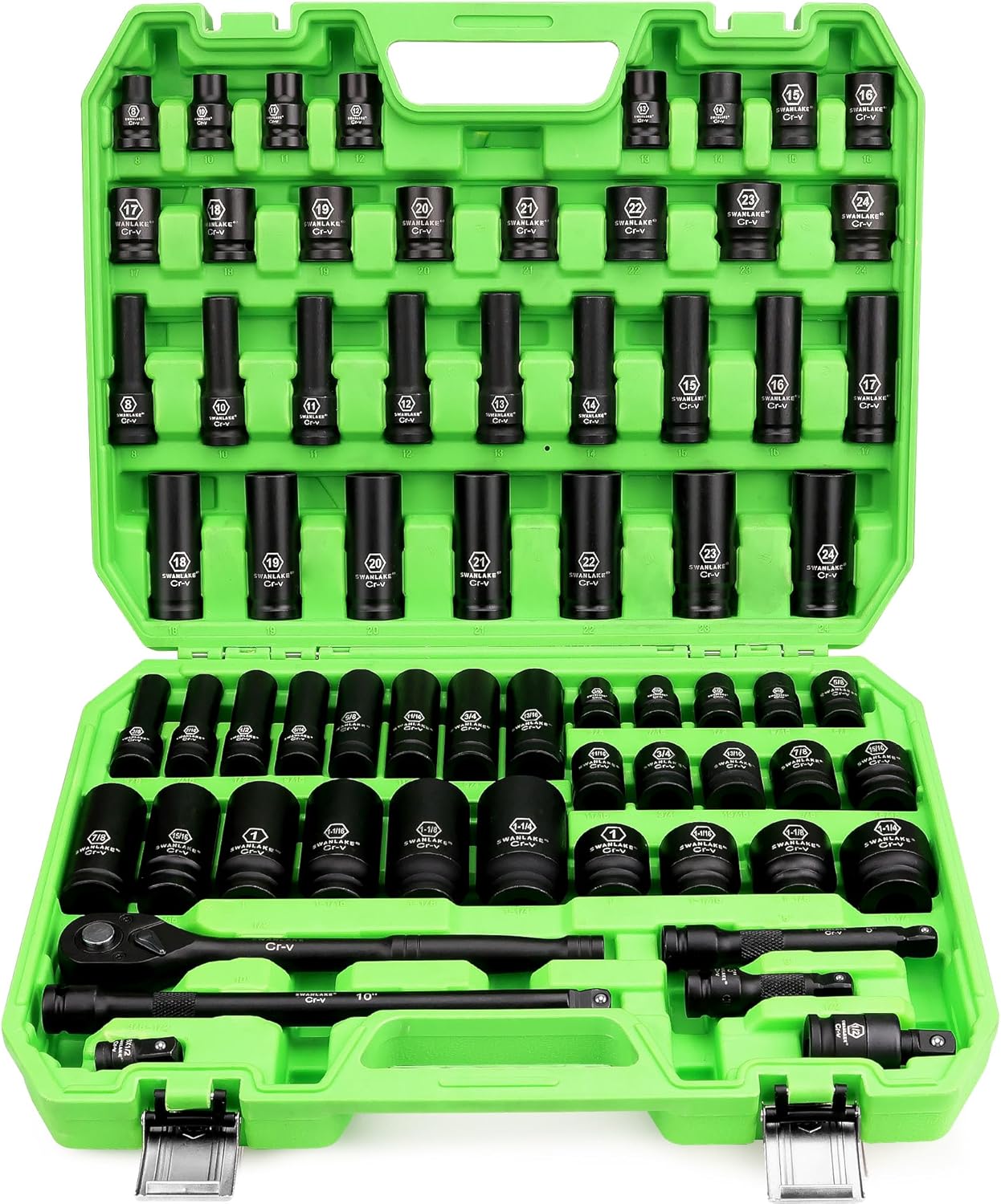 SWANLAKE GARDEN TOOLS 3/8'' Drive Impact Socket Set, 50-Piece Standard SAE (5/16 to 3/4 inch) and Metric (8-22mm) Size, 6 Point, Cr-V, 3/8-Inch Ratchet Handle, Extension Bar, Universal Joint