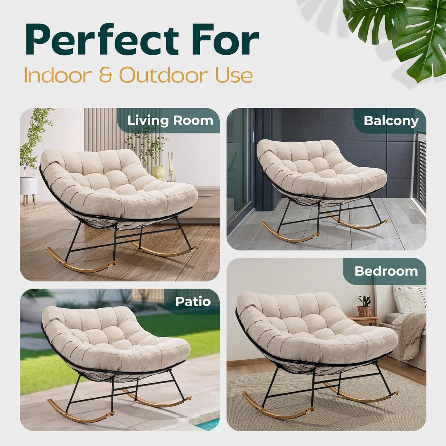 Bme Rocking Chair Outdoor & Indoor, Metal ounge Rocking Chair with Thick Cushion, Modern Rocker Chair for Living Room, Porch, Backyard, Beige Cushion - Wood Texture Rocker
