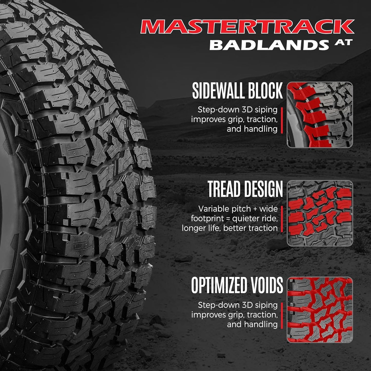 4-Pack: Mastertrack BADLANDS AT LT275/65R18 All-Terrain Tire for Light Truck & SUV | 10-Ply E (Load Range E) | 123/120S | Includes Road Hazard Warranty -275/65-18(Tire Only)
