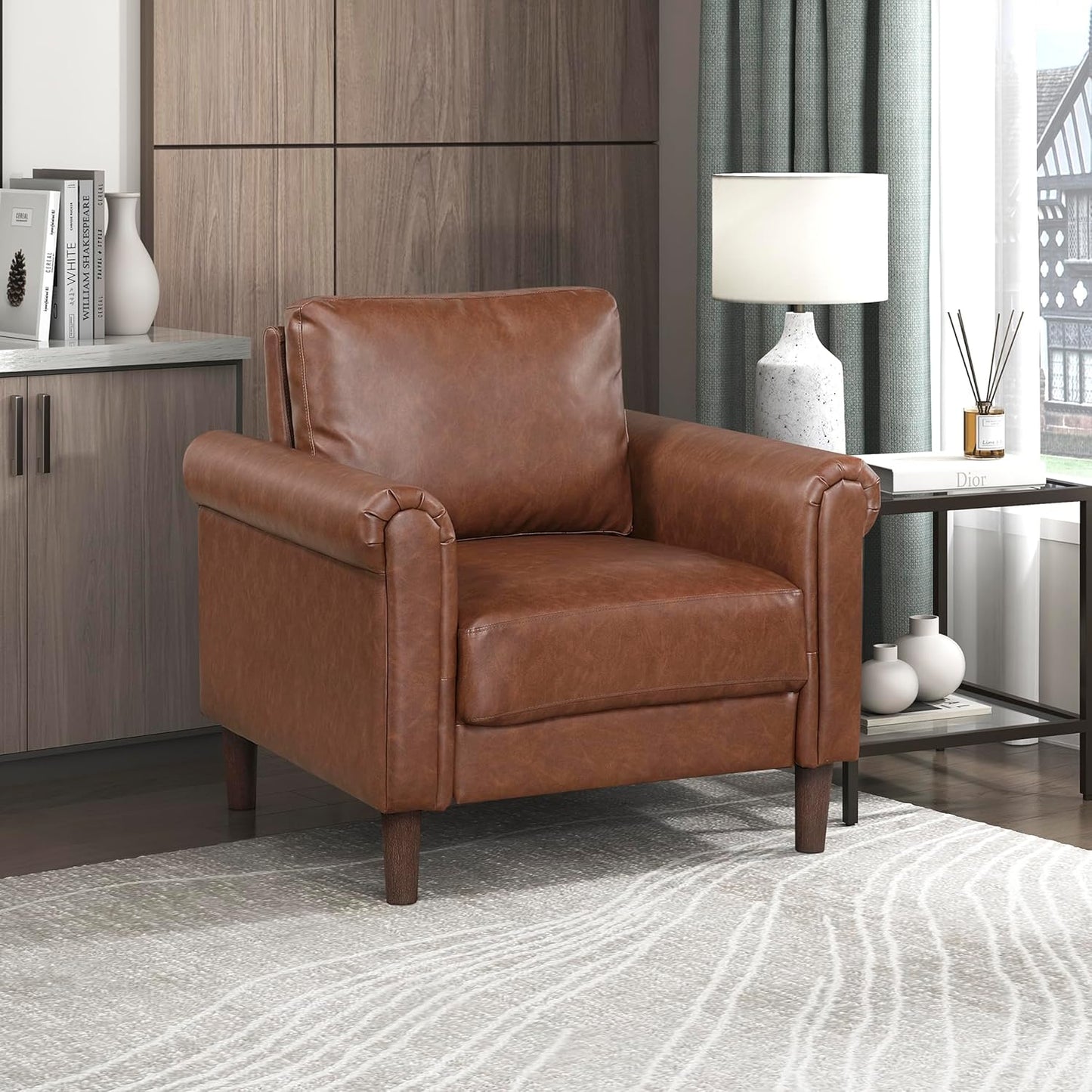 Lexicon 35" W Living Room Accent Chair, Faux Leather Upholstered Armchair with Rolled Arm for Bedroom/Office/Waiting Room, Single Sofa Chair, Chocolate