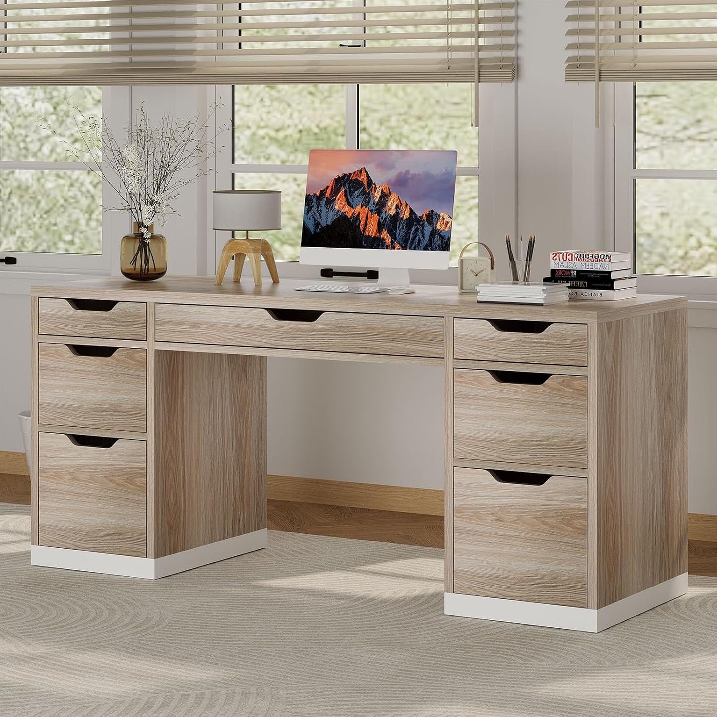 54 Inch Computer Desk with Storage Drawers, Executive Desk with 7 Drawers for Bedroom, Office Desk with File Cabinet for Work Study Writing, Small Spaces, White and Walnut