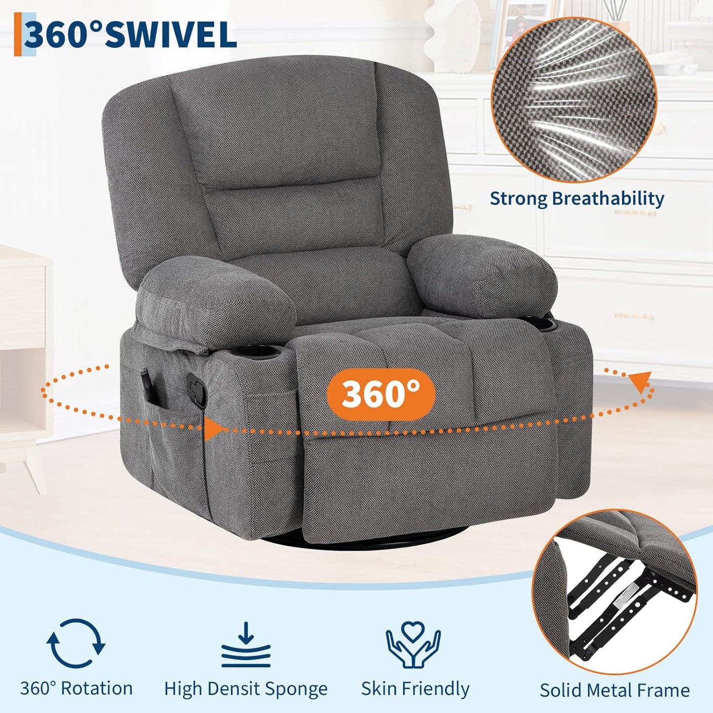 360° Swivel Recliner Chair with Heat & Massage, Widen Overstuffed Single Sofa Lounge Chair with Side Pockets Cup Holders for Living Room,Bedroom, RV, Gray