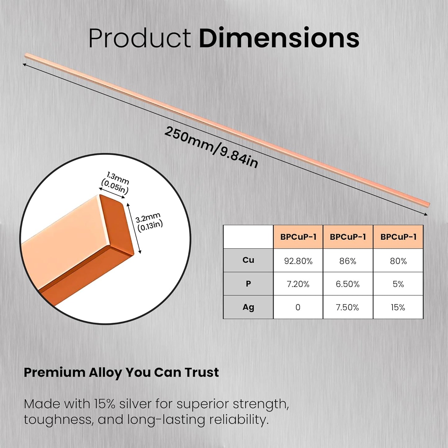 Brazing Rods with Raised Segments Desgin, 15% Silver Brazing Rod BCuP-5, Copper Brass Brazing Rods for HVAC & Plumbing, Silver Solder Welding Rod Kit, 42pcs 10" Brazing Rods Flux Coated for Copper