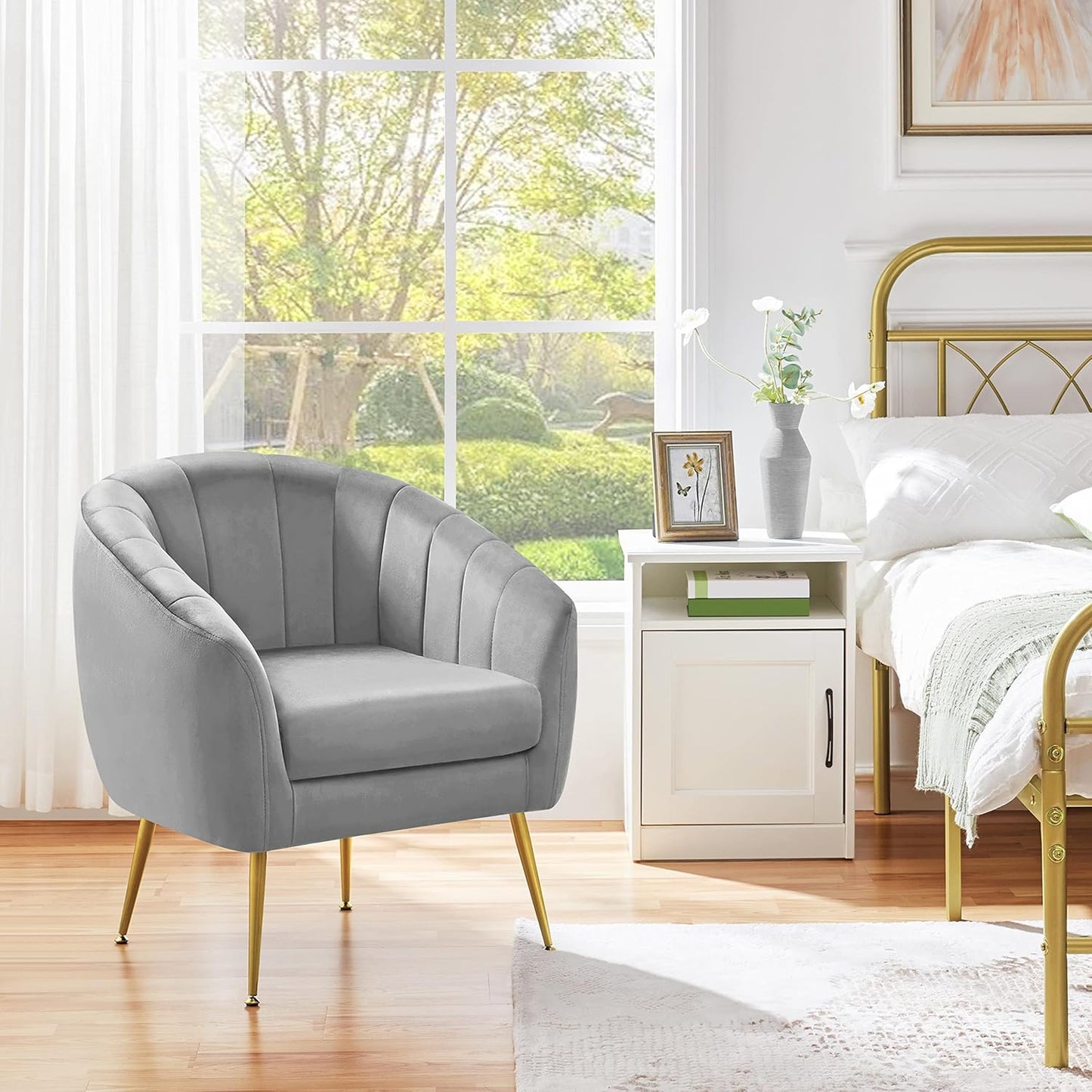 Topeakmart Velvet Accent Chair, Barrel Chair with Golden Metal Legs, Modern Leisure Chair for Living Room Bedroom Office Waiting Room, Set of 2, Gray