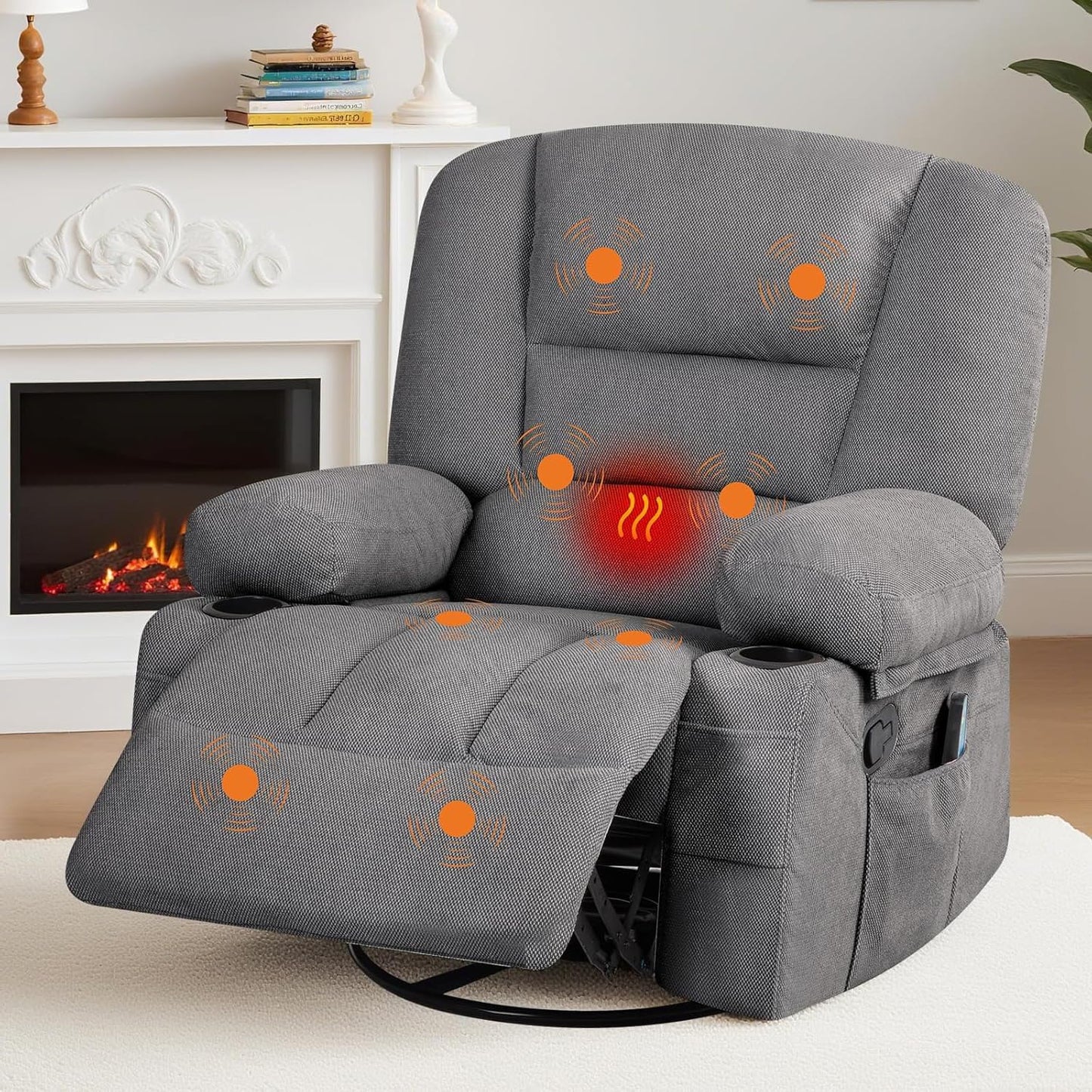 360° Swivel Recliner Chair with Heat & Massage, Widen Overstuffed Single Sofa Lounge Chair with Side Pockets Cup Holders for Living Room,Bedroom, RV, Gray