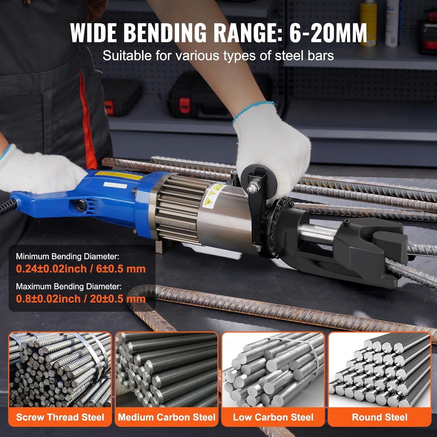 VEVOR Electric Hydraulic Rebar Bender, 1500W Portable Rebar Bending Machine, Bending up to 3/4 Inch #6 (6-20mm) within 4 Seconds, High Power Steel Rebar Bender w/Tool Case Oil Can,Black Blue RN-22