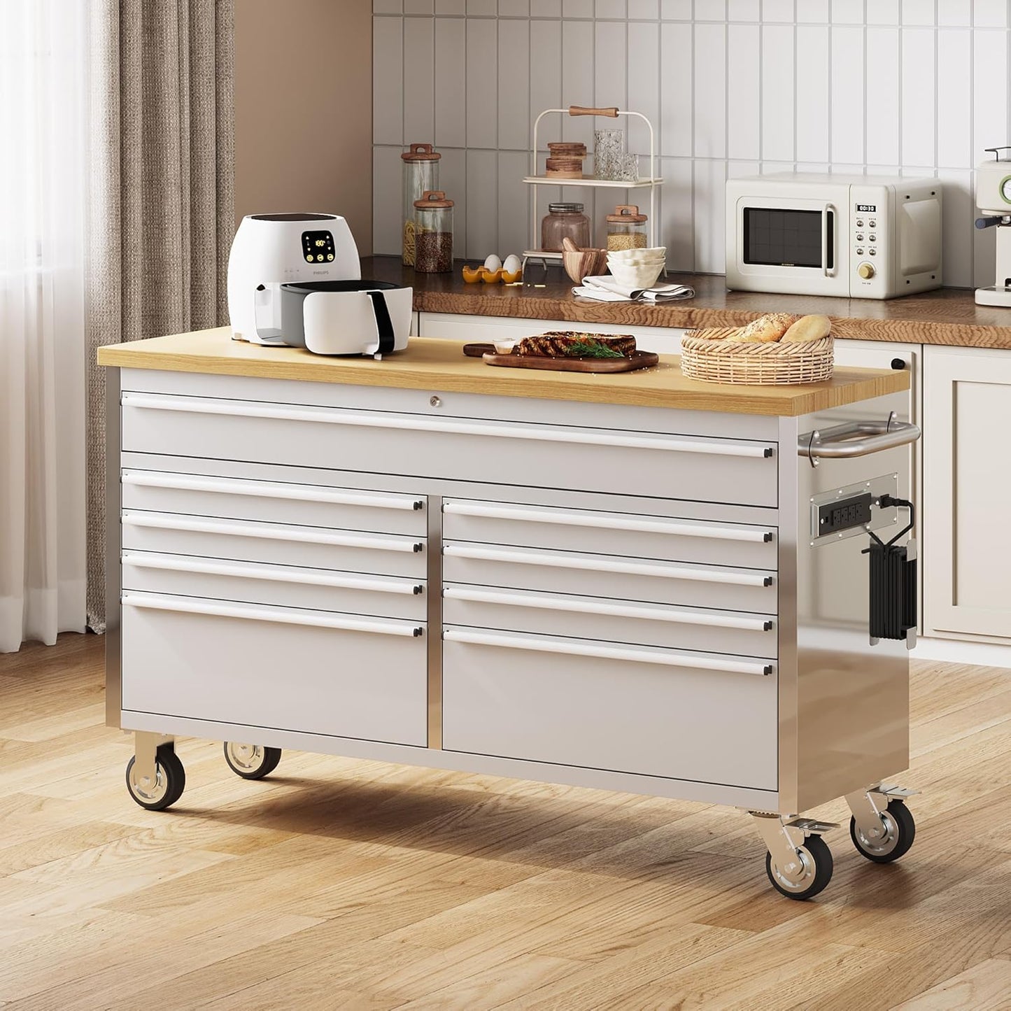 61 Inch Tool Chest, Tool Cabinet with 9 Drawers, Mobile Storage Cabinet with Locking System, Stainless Steel Material and Sturdy Structure, High Capacity for Home Workshop Kitchen and Garage.