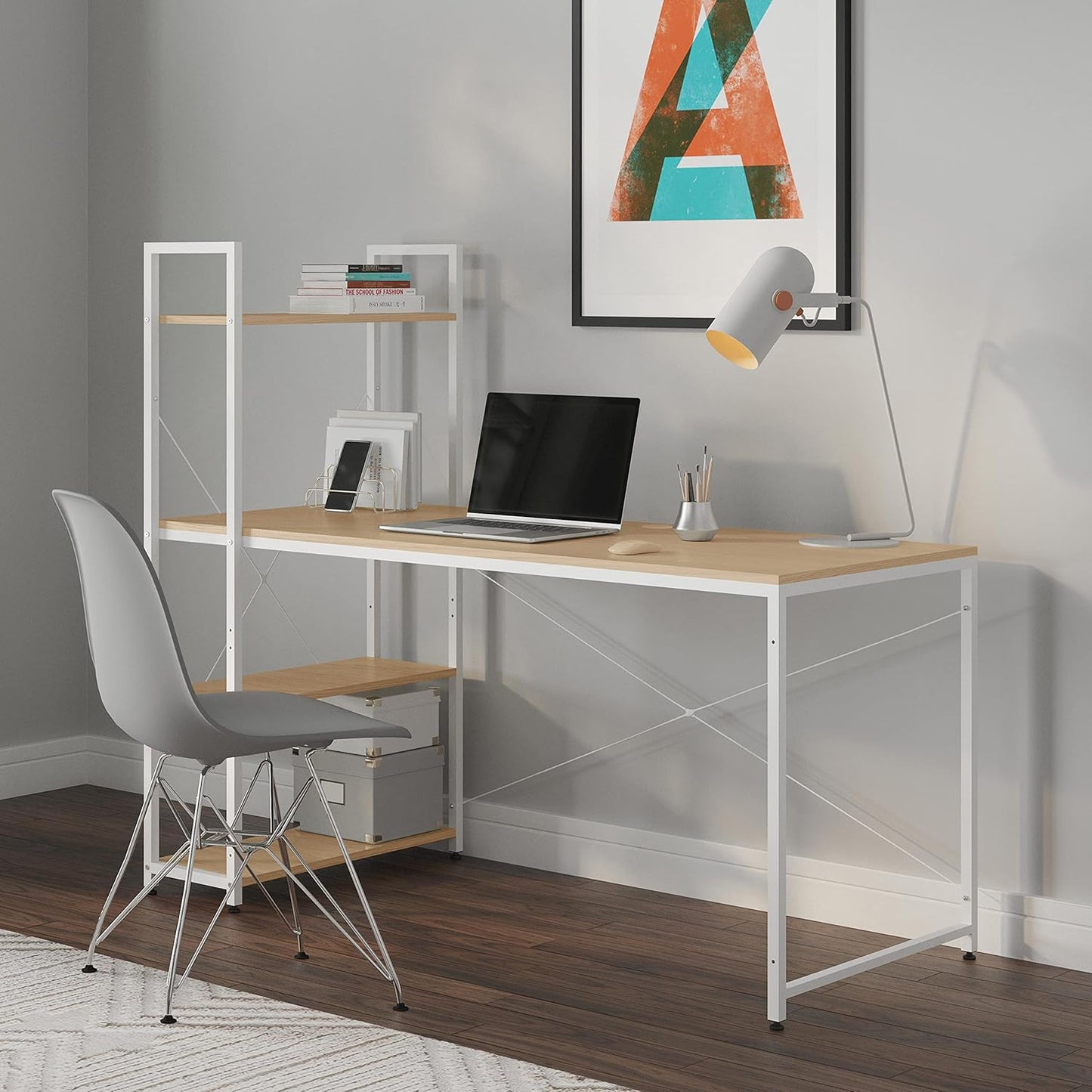 Ames 47" Reversible Gaming Computer Desk with Adjustable Shelves, Home Office Desk, Grommet Cable-Management, Leveler Feet, Easy Assembly, White/White
