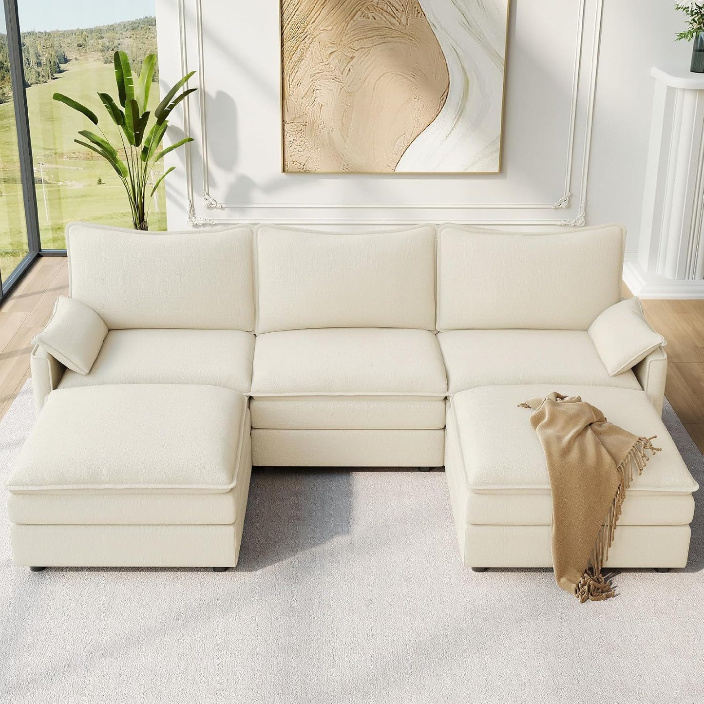 Vesgantti 108" Modular Sectional Sofa, Comfy Cloud Couch with Movable Ottoman Deep Seat Chenille L Shaped Modular Sofa, Sectional Couches for Living Room, Bedroom and Apartment, Beige