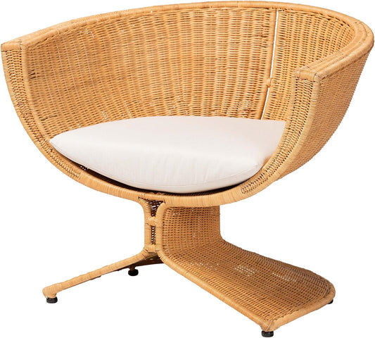 Bali & pari Reya Natural Rattan Lounge Chair - Handwoven Wicker Accent Seating with Pedestal Base for Modern Boho, Coastal, or Tropical Living Room Spaces