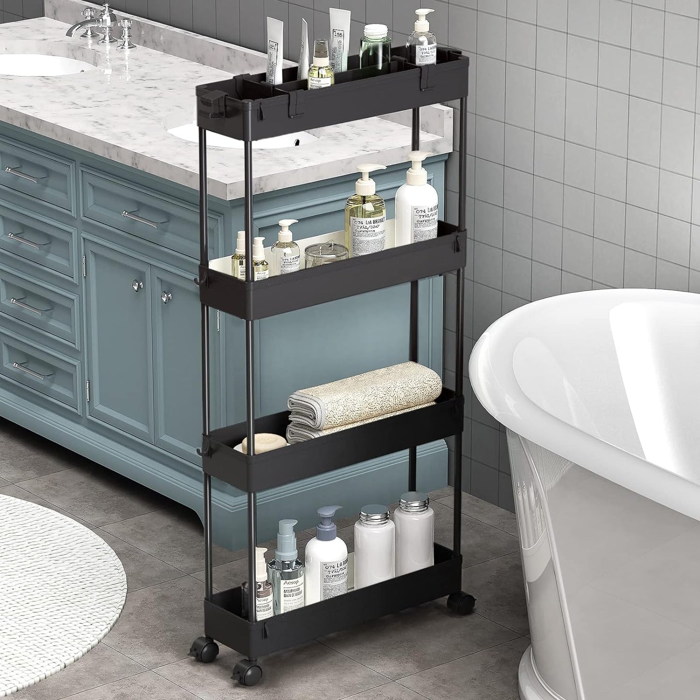 SPACELEAD Slim Storage Cart 4 Tier,Bathroom Organizer Rolling Utility, Mobile Shelving Unit Slide Out for Office, Kitchen, Laundry Room & Narrow Places,White