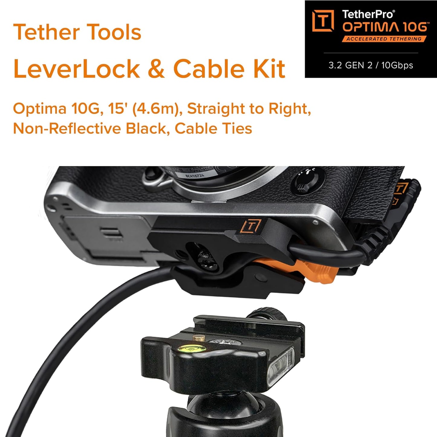 Tether Tools TetherGuard LeverLock Plate Camera Port Protection and TetherPro Optima 10G High-Speed USB-C 15ft (4.6m), Straight to Right Angle, Non-Reflective Black Tethering Cable