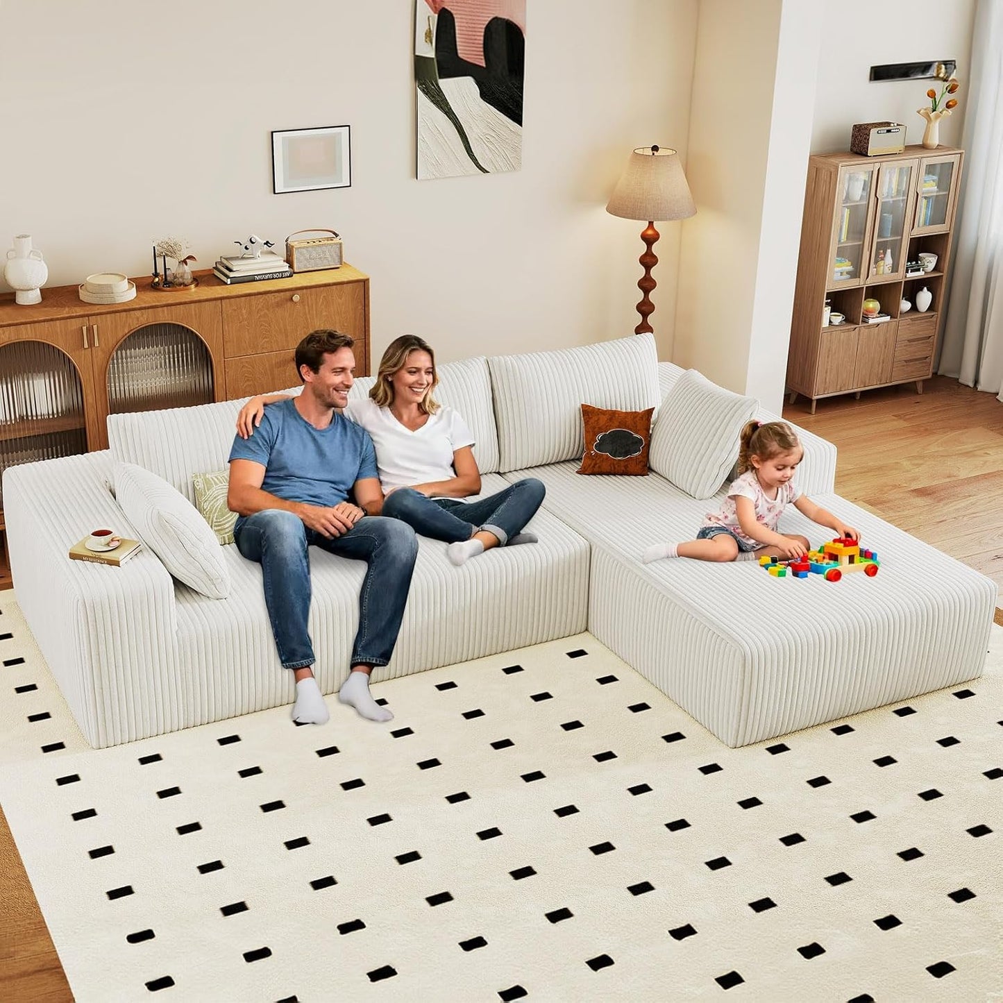 107" Modular Sectional Couches for Living Room, Comfy Boneless L Shaped Cloud Couch with Chaise Lounge, Modern Cozy Corduroy Deep Seat Floor Sofa, Memory Foam, No Assembly Required, Black