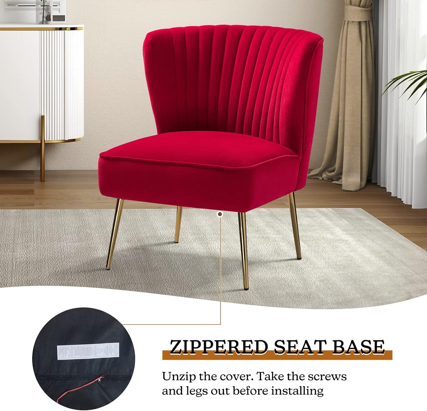 TINA'S HOME Velvet Accent Chair Set of 2 with Metal Golden Legs, Upholstered Armless Slipper Chair with Wingback, Mid Century Side Chair for Living Room Bedroom Makeup Vanity- Red