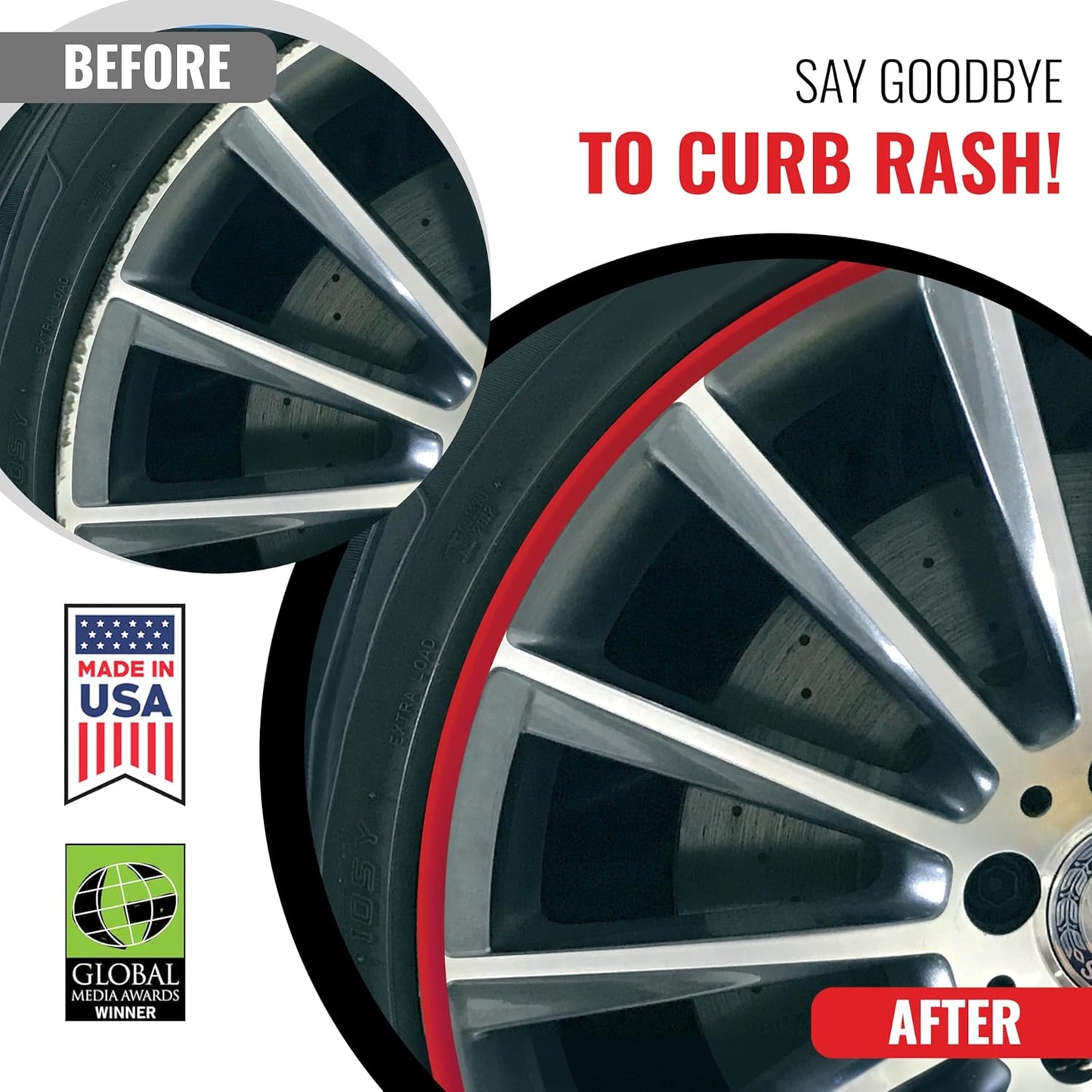 All-Fit Automotive Rim Trim – Durable DIY Car Exterior Accessories for Curb Rash Protection – Fits Up to Four 24” Wheels – Flexible, Durable Wheel Rim Protector (3/8″ width/Red)