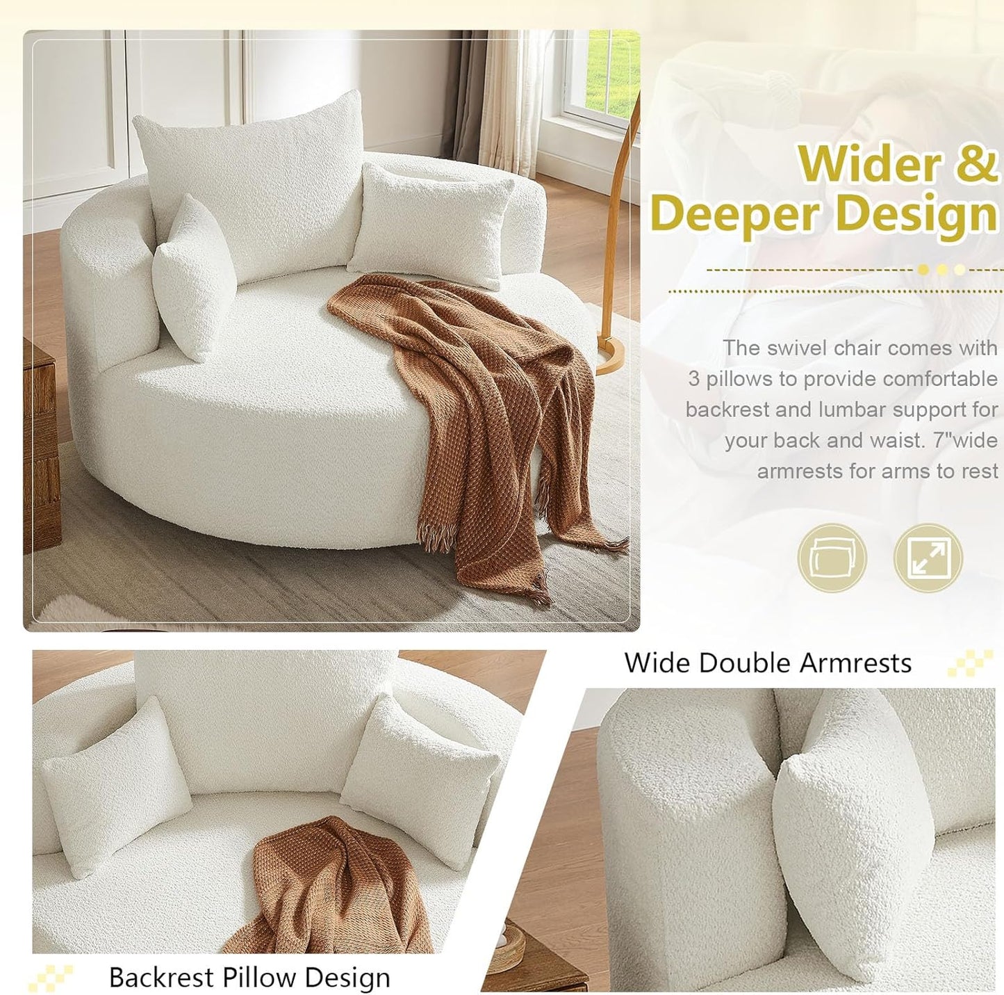 55" Oversized Round Swivel Chaise Longue Chair Indoor, Modern 360 Degree Swivel Upholstered Chenille Deep Seat Circle Comfy Single Cloud Sofa Chair for Living Room Bedroom Apartment Office, Beige