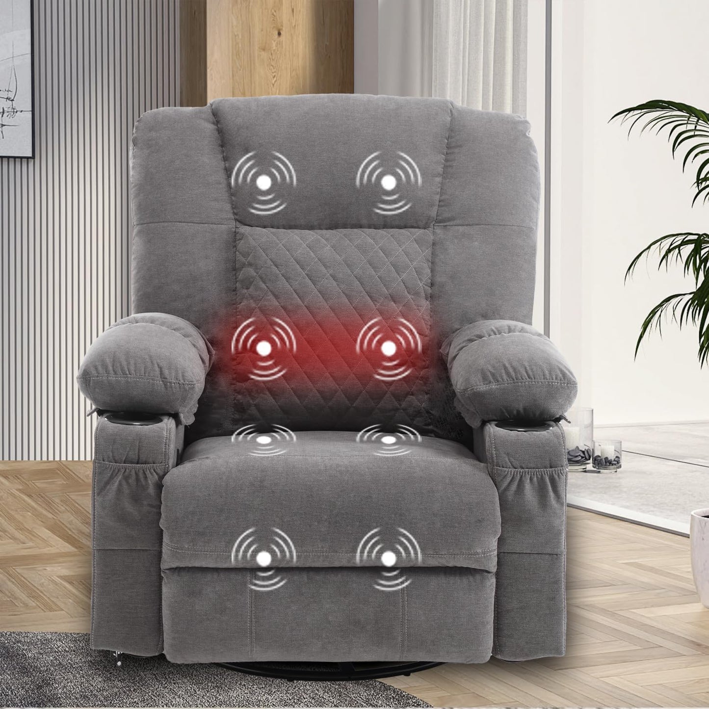Swivel Rocker Recliner Chair for Adults with Vibration Massage, Overstuffed Soft Fabric Recliner with Lumbar Heat, Modern Manual Rocking Recliner with Cup Holders, for Living Room, Home Theater, Grey