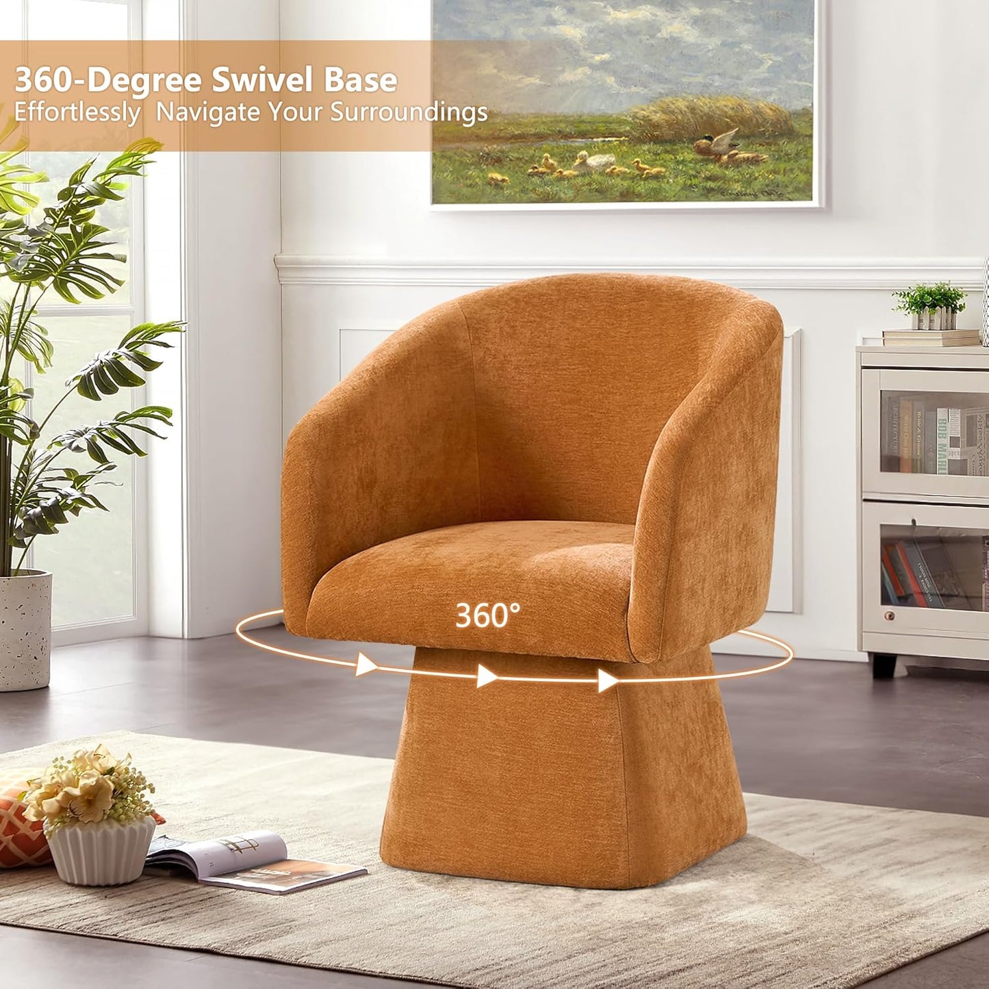 Swivel Modern Accent Chair,Luxury Fabric Upholstered Makeup Chair Comfy Barrel Chair with No Wheels,360°Rotating Vanity Armchair for Living Room Bedroom Office (Orange,Set of 2)