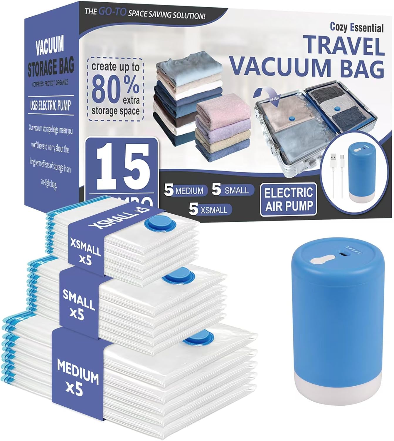 20 Pack Vacuum Storage Bags, Space Saver Bags (4 Jumbo/4 Large/4 Medium/4 Small/4 Roll) Compression for Comforters and Blankets, Sealer Clothes Storage, Hand Pump Included