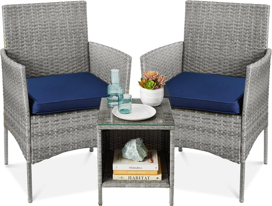 Best Choice Products 3-Piece Outdoor Wicker Conversation Bistro Set, Space Saving Patio Furniture for Garden w/Side Table - Gray/Navy