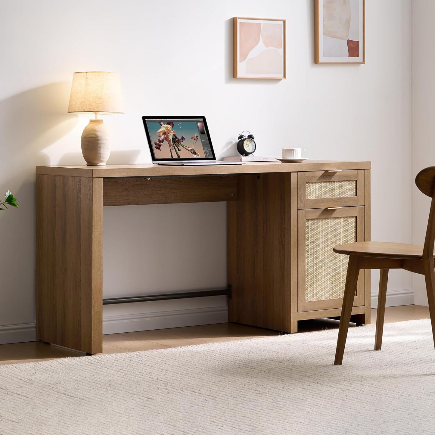 SICOTAS Rattan Executive Desk with Storage, 59" Boho Home Office Desk with Cabinets and Drawers, Large Computer Table Vanity Desk for Office, Study, Living Room, Oak