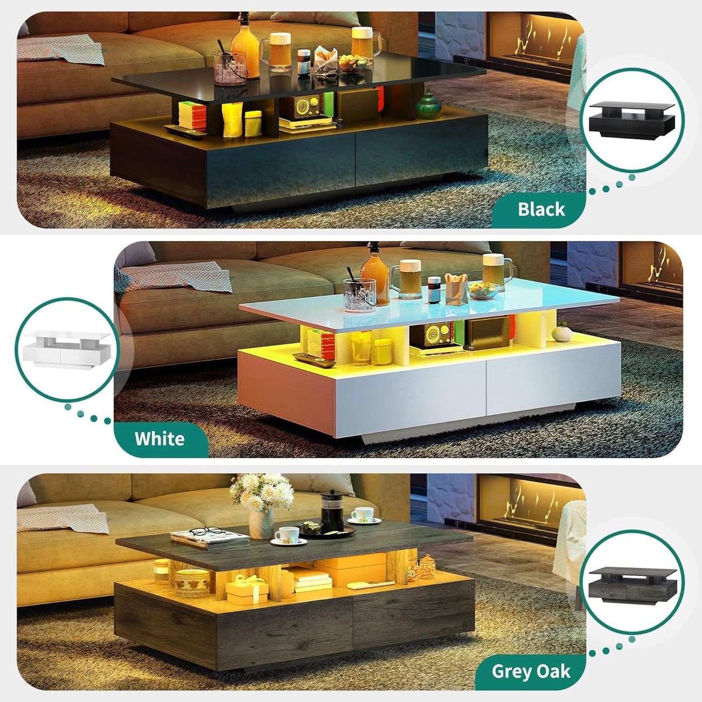 YITAHOME LED Coffee Tables for Living Room, High Glossy Coffee Table with Storage 4 Sliding Drawers, Small Rectangular LED Coffee Table Center Table with Open Display Shelf, Glossy White