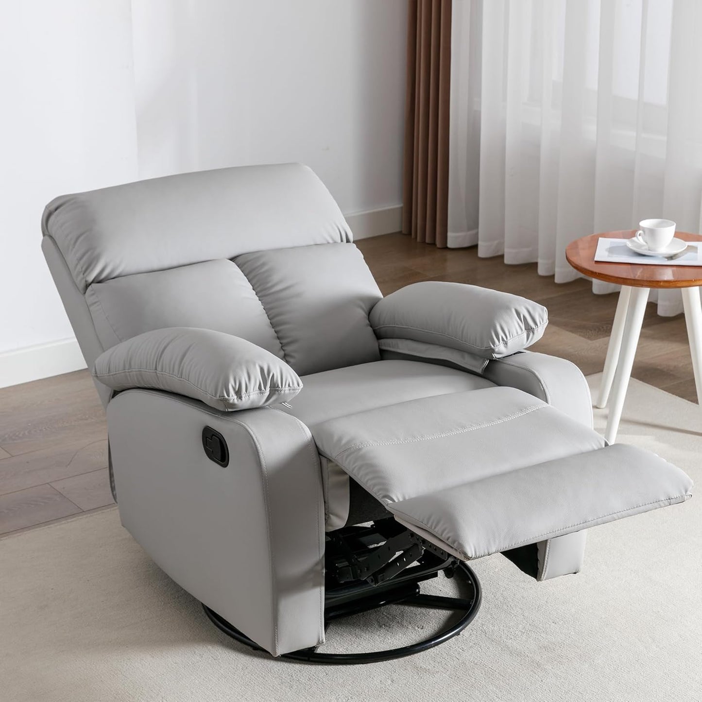 Swivel Rocker Recliner Chair, Small Manual Reclining Chair with Overstuffed Arm and Back, PU Leather Single Sofa Seat for Living Room, Bedroom, Dark Brown