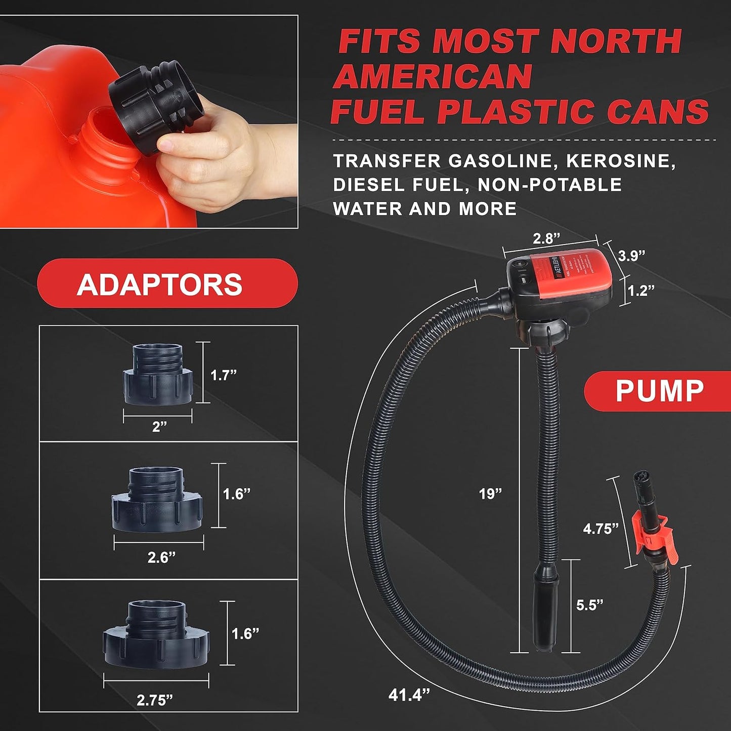 Automatic Fuel Transfer Pump with Auto-Stop Sensor(2.4 GPM), Flexible Intake Hose Fits Most Irregular Gas Cans for Gasoline Diesel Kerosene & More