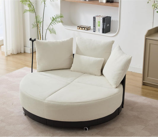 SLEERWAY Oversized Round Swivel Accent Chair, Large Circle Barrel Chair and A Half, Comfy Upholstered Lazy Sofa Couch with Phone Stand/Wheels, Chaise Lounge Daybed for Living Room, Bedroom, Beige