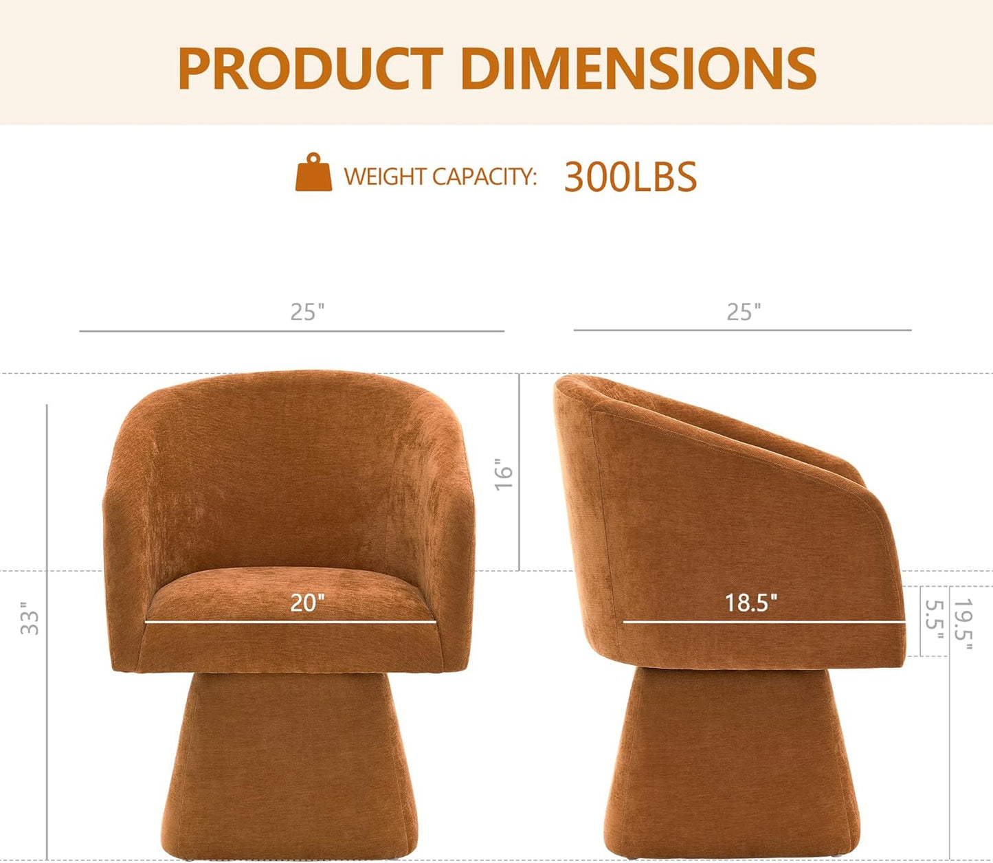 Swivel Modern Accent Chair,Luxury Fabric Upholstered Makeup Chair Comfy Barrel Chair with No Wheels,360°Rotating Vanity Armchair for Living Room Bedroom Office (Orange,Set of 2)