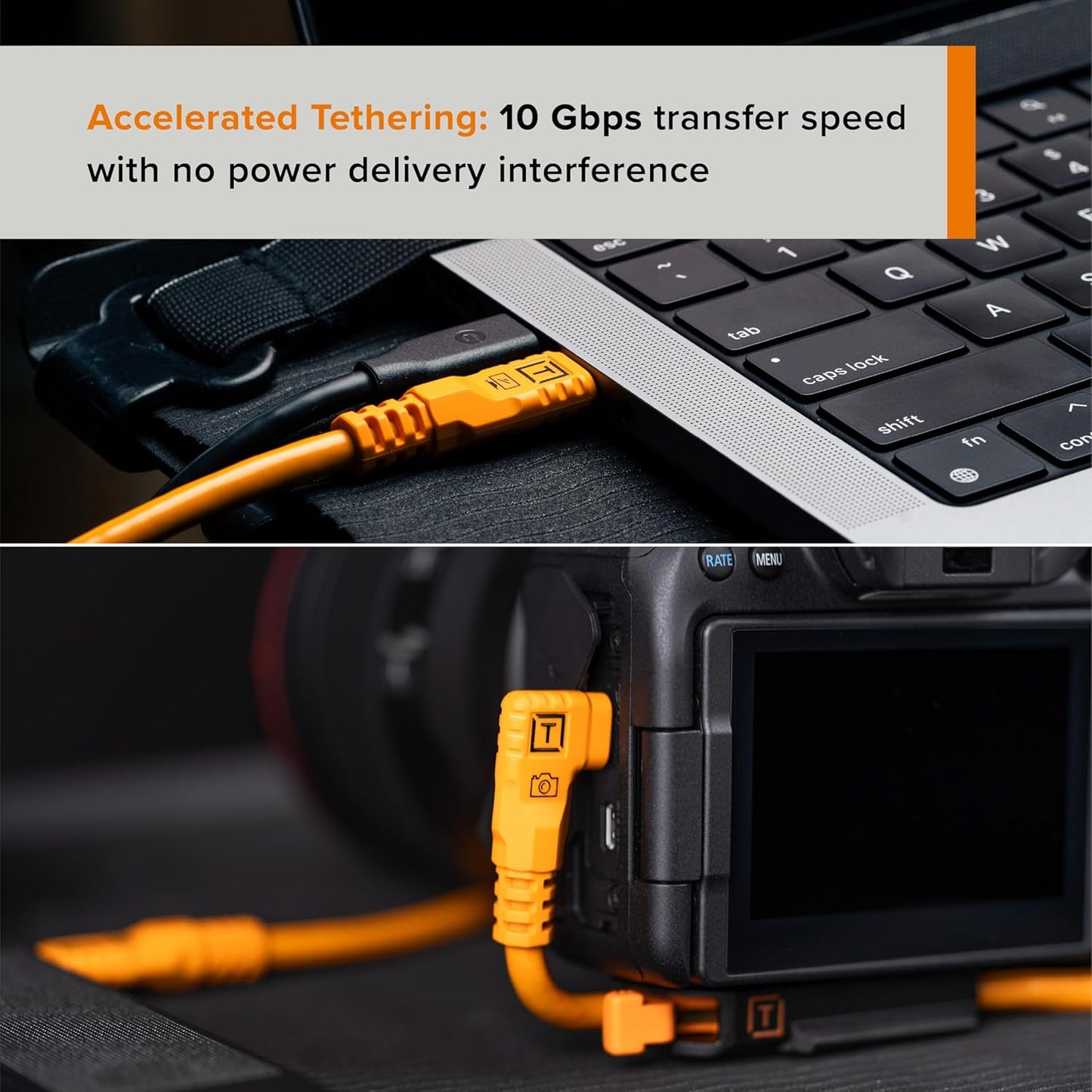 Tether Tools TetherGuard LeverLock Plate Camera Port Protection Tripod Plate for Cable Management & TetherPro Optima 10G High-Speed 31 ft. Straight to Right Angle USB-C to USB-C Cable Orange