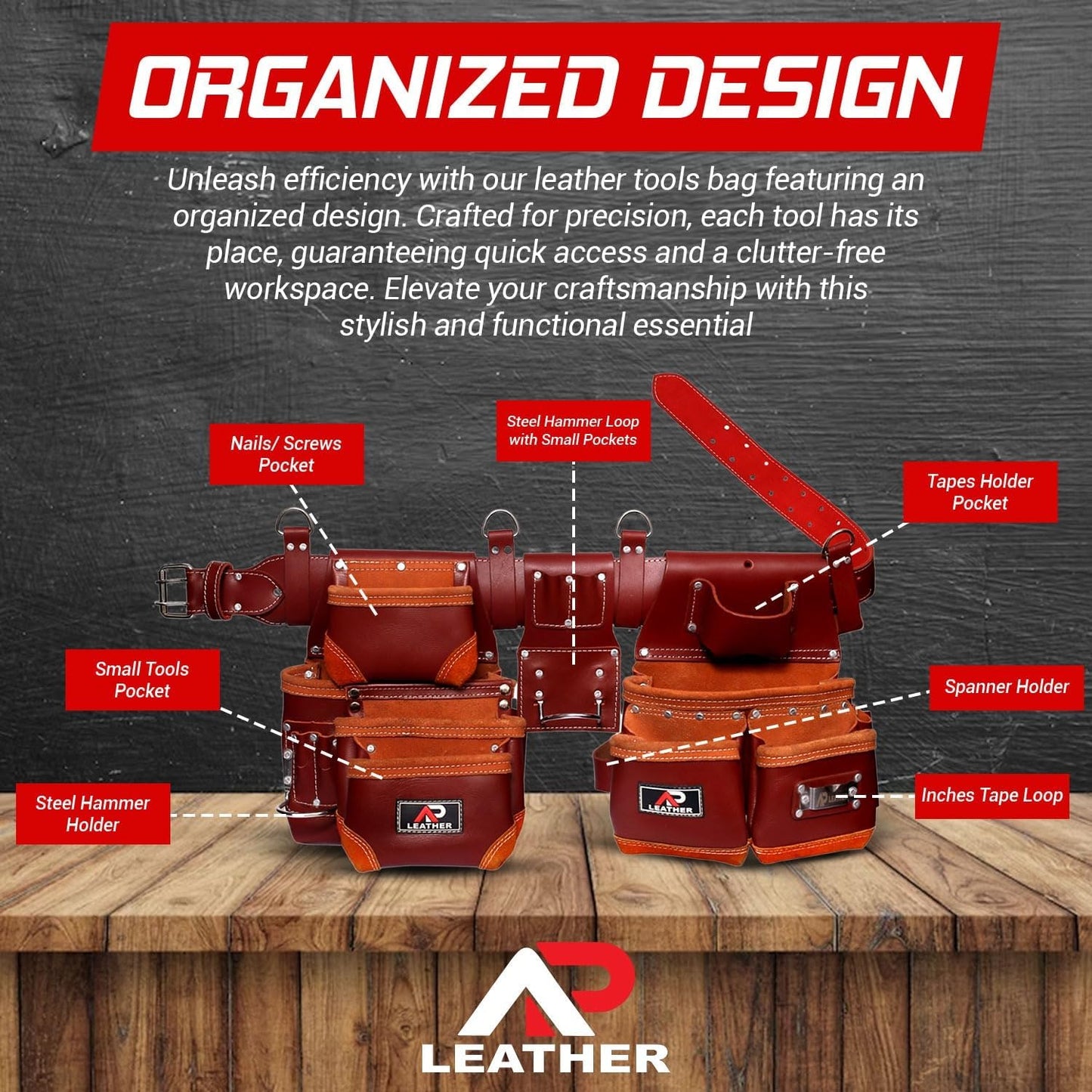 Ap-Leather Real cowhide oil tanned Leather Tool Belt/pouch/framer Set for Men/women Carpenters, Framers, Electricians, Gardeners & Construction Work with 26 Pockets.