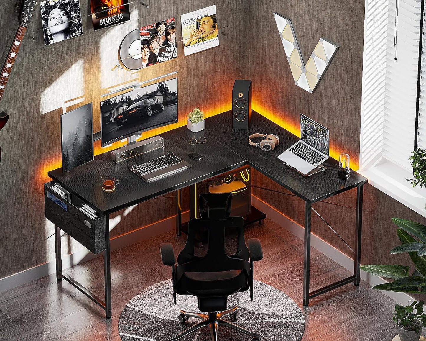 AODK L Shaped Desk, 50 Inch Computer Desk with Storage Bag, Reversible Home Office Desk with Host Stand, Black Corner Table for Bedroom Studio, Modern Wood PC Desk for Study Work
