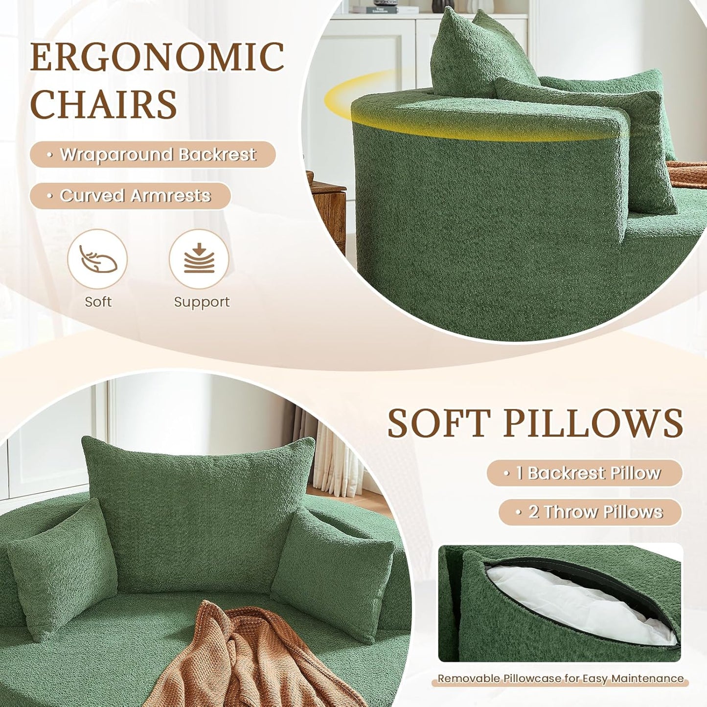 55.1” Oversized Round Swivel Barrel Chair, Large Upholstered Accent Sofa Chair with 3 Pillow, Comfy Chenille Cloud Circle Reading Chaise Lounge Indoor for Living Room, Bedroom,Apartment,Green