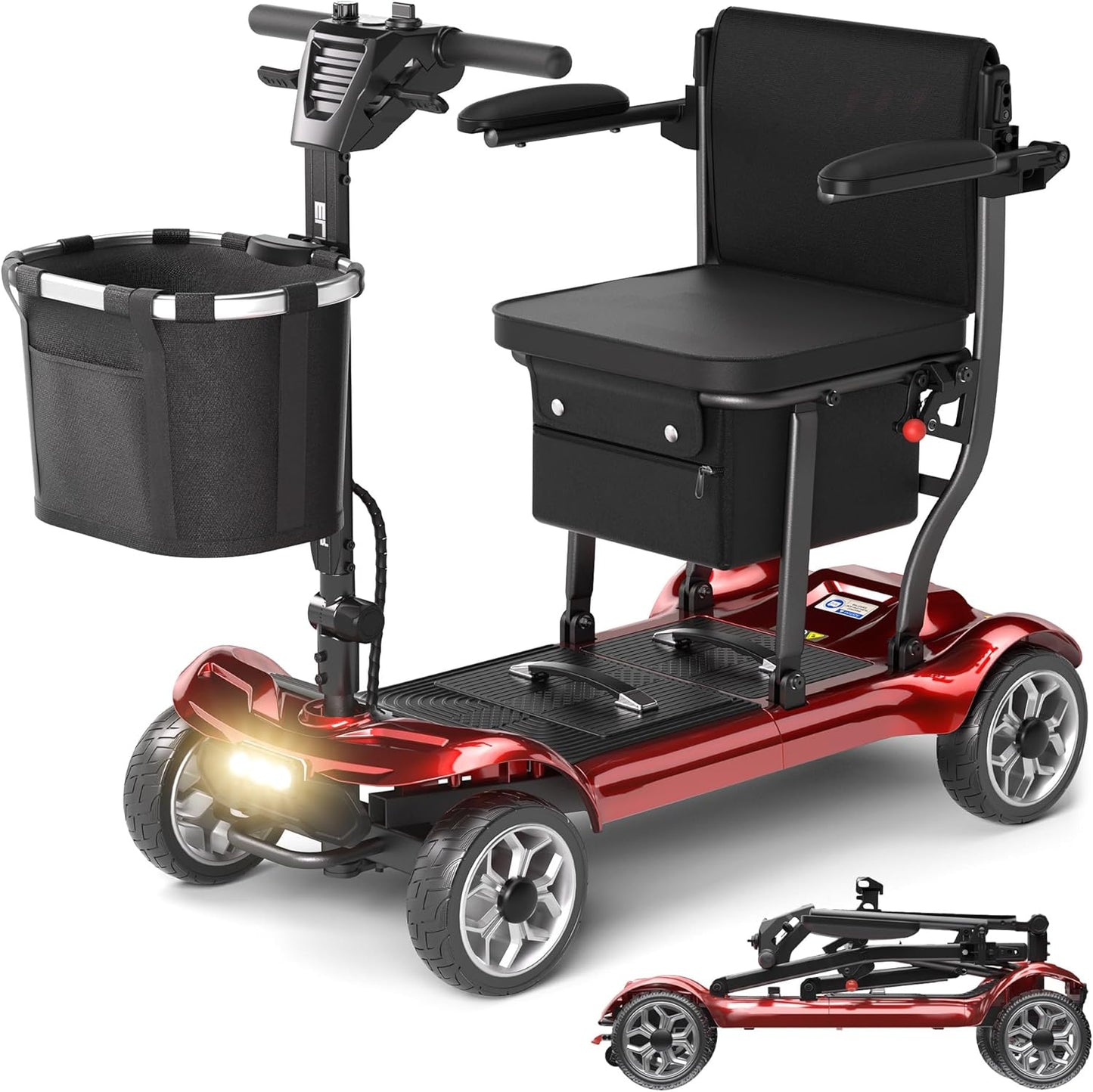 4 Wheel Mobility Scooter for Adults&Seniors - 43lb Lightweight Portable Motorized Scooters 300 lb Capacity, Foldable Travel Mobility Scooters with Removable Battery, Dual Basket, Red