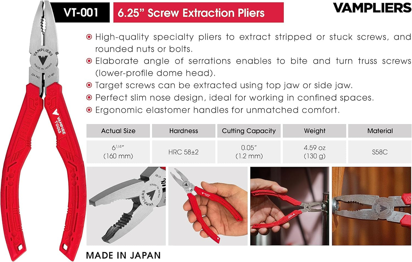 VAMPLIERS 4-PC Screw Extractor Pliers Set Made in Japan: 8" Linesman, 7.5" Long Nose, 6.25" Combination, 5" ESD Safe Mini Plier + Tool Pouch. Remove any Stripped/Damaged/Rusted Screws.
