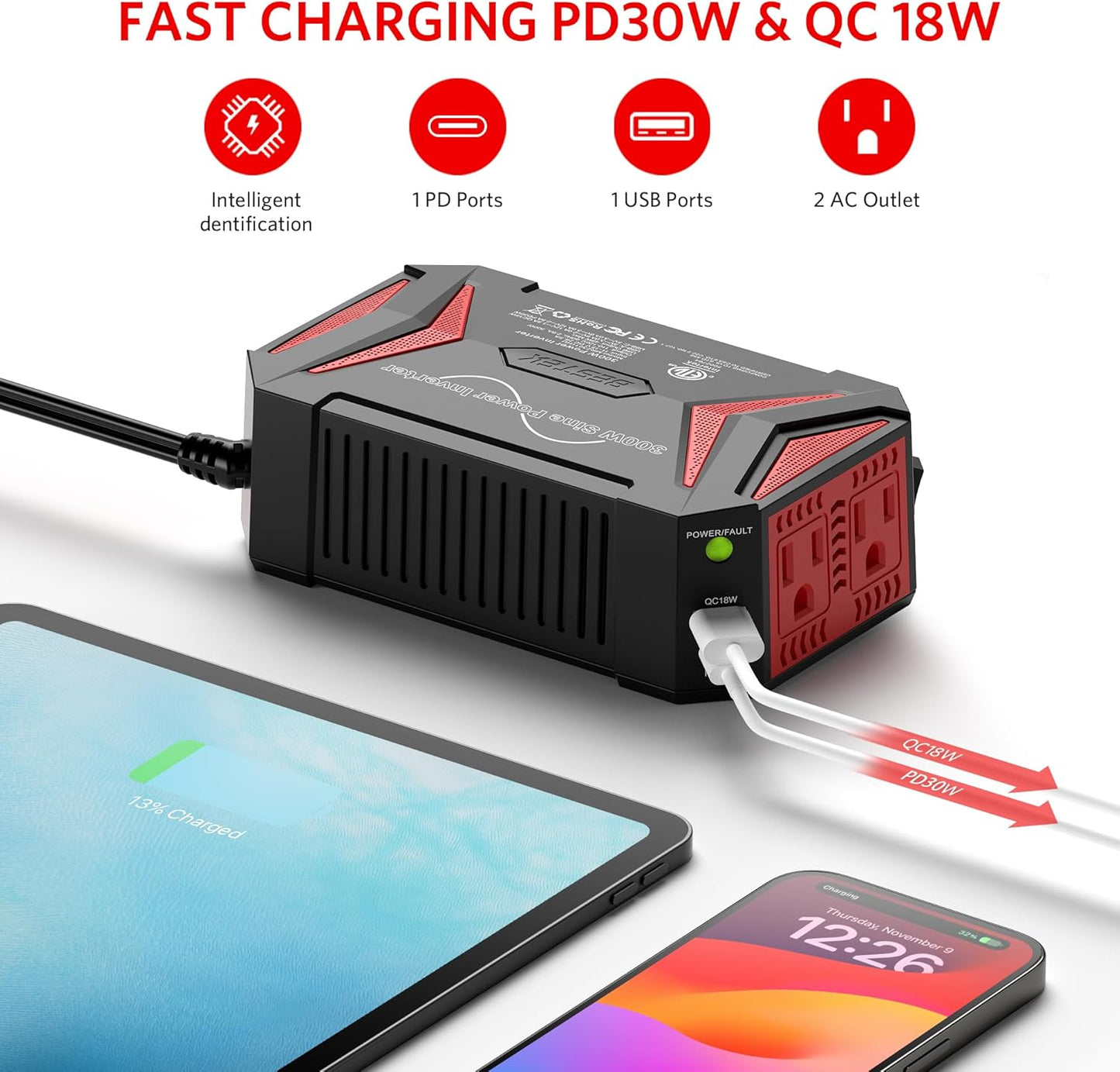 BESTEK 300W Pure Sine Wave Power Inverter - DC 12V to 110V AC Car Converter Plug Adapter Outlet with PD30W USB-C Fast Charger - Vehicle Cigarette Lighter Adapter for Laptop